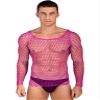 Lejafay Mens Mesh Fishnet See Through Round Neck Long Sleeve T-Shirt Muscle Tops Undershirt Clubwear Hot Pink One Size view 2