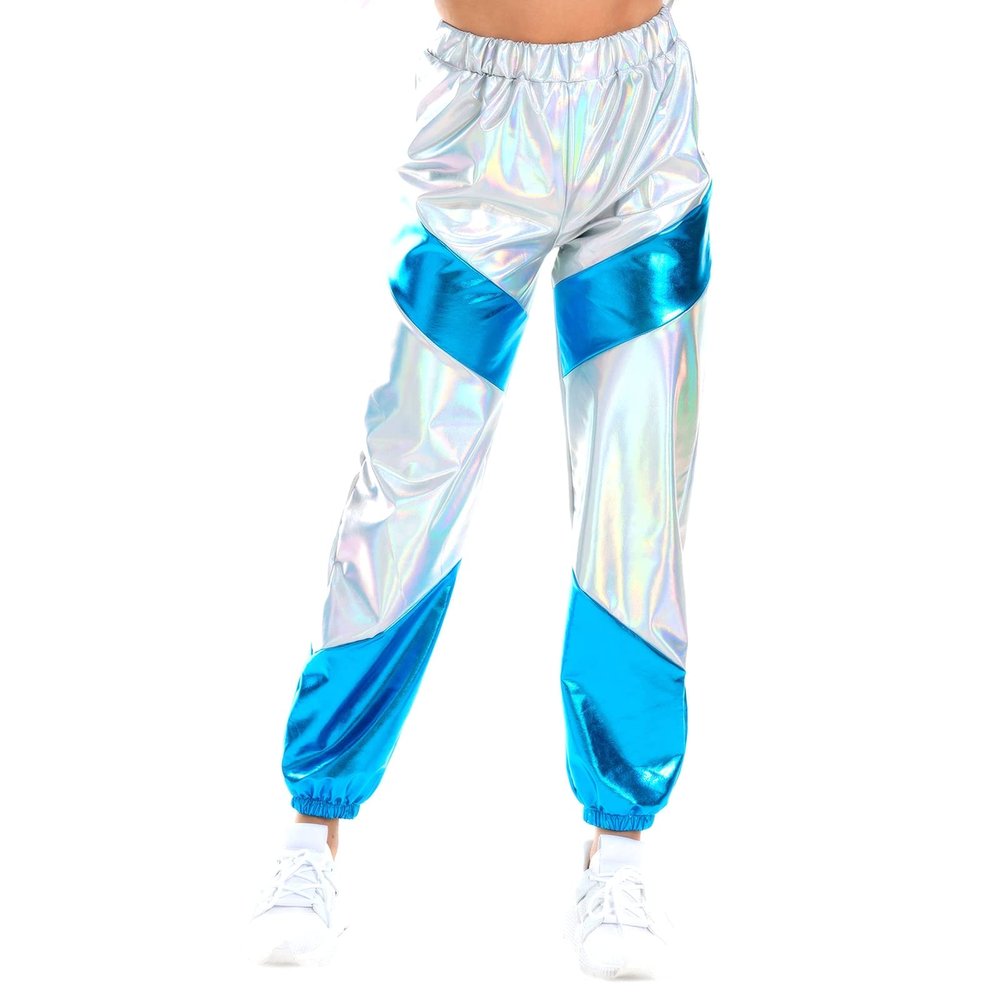 Rave Pants For Women Metallic Shiny Holographic Glitter Dance Pants Women 80s 90s Disco Festival Clothing Kpop Pants For Women Pencil Pants Jogger Punk Hip Hop Streetwear Silver Blue X-Large