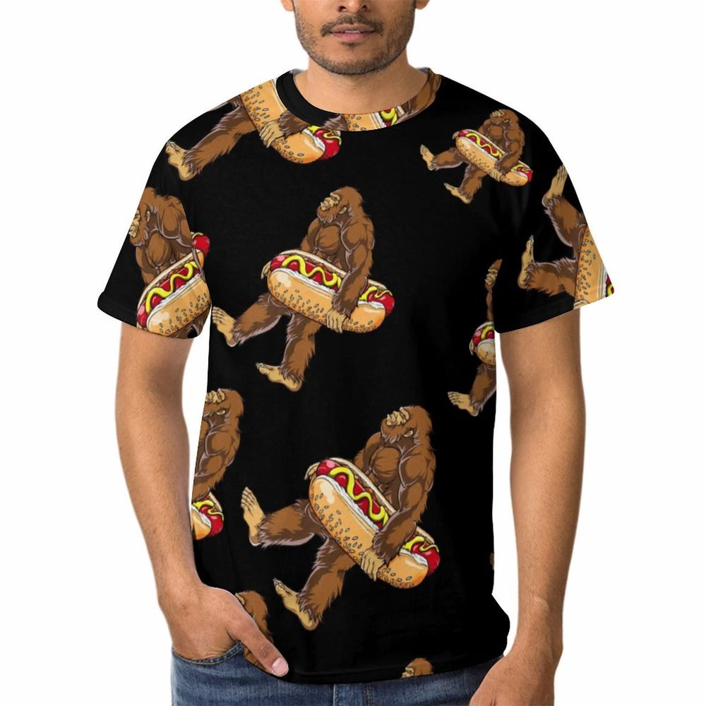 Bigfoot Carrying Hotdog T-Shirt Short Sleeve Round Neck Tee Top Casual Shirts Clothes for Men Women XL