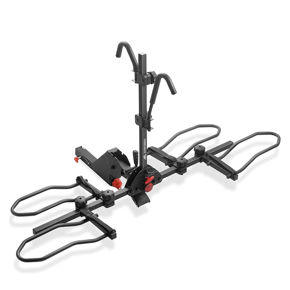 Arksen 2" Hitch Mounted Foldable Rack Quick Release Handle Smart Tilting 2-Bike Platform Style Carrier for Standard, Fat Tire, and Electric Bicycles -160 lbs Heavy Weight Capacity
