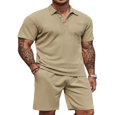 COOFANDY Men's Waffle Knit Polo Shirt and Shorts Set 2 Pieces Outfits Summer Suit Casual Tracksuit with Pockets