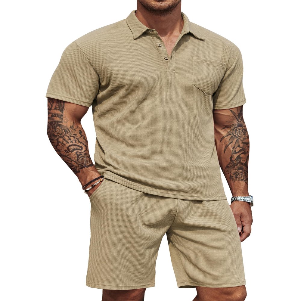 COOFANDY Men's Waffle Knit Polo Shirt and Shorts Set 2 Pieces Outfits Summer Suit Casual Tracksuit with Pockets