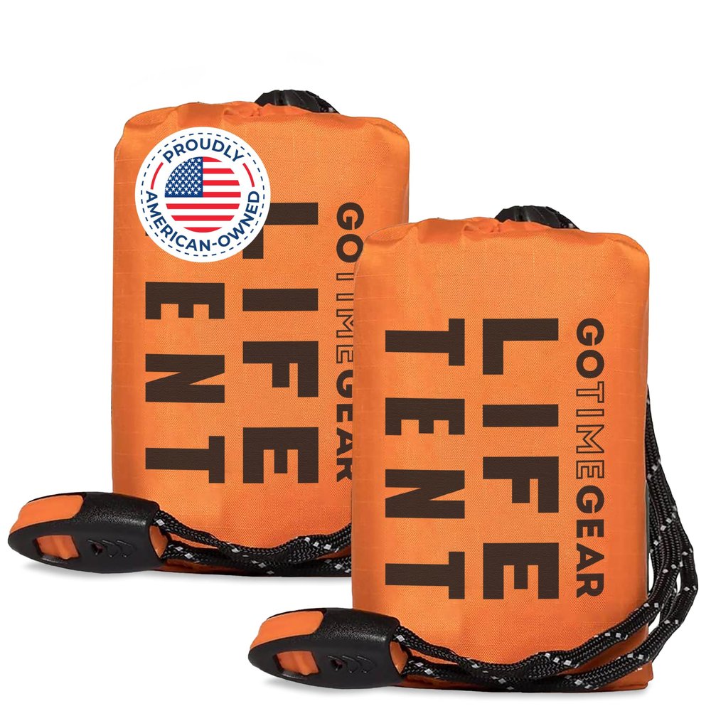Go Time Gear Survival Tent Thermal Blanket Insulation - Integrated Survival Tools with Whistle & Paracord, Ultralight Packable for Camping & Emergency Supplies, 2 Pack, Orange