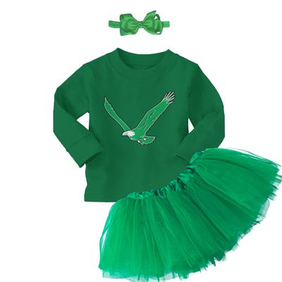 Haase Unlimited Eagle - Philly Sports Long Sleeve Toddler T-Shirt + Tutu Skirt + Bow Headband Set (Long Sleeve Green T-Shirt/Green Tutu, 2T)