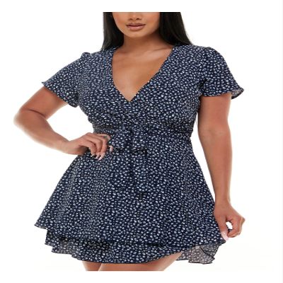 EMERALD SUNDAE Womens Blue Zippered Tie Ruffled Tiered Lined Printed Flutter Sleeve Surplice Neckline Short Evening Fit + Flare Dress 5