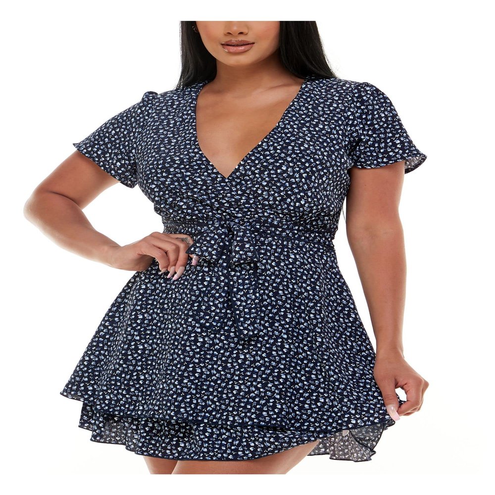 EMERALD SUNDAE Womens Blue Zippered Tie Ruffled Tiered Lined Printed Flutter Sleeve Surplice Neckline Short Evening Fit + Flare Dress 5