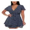 EMERALD SUNDAE Womens Blue Zippered Tie Ruffled Tiered Lined Printed Flutter Sleeve Surplice Neckline Short Evening Fit + Flare Dress 5 view 1