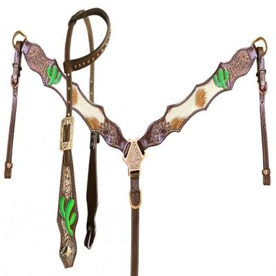 Showman Single Ear Leather Headstall & Breast Collar Set w/Hair-On Cowhide & Cactus