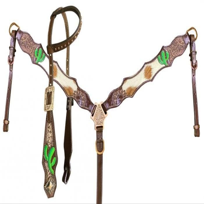 Showman Single Ear Leather Headstall & Breast Collar Set w/Hair-On Cowhide & Cactus