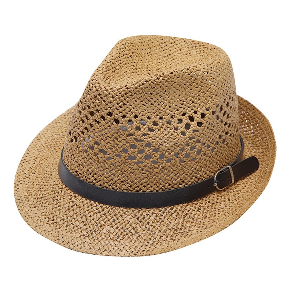 Adult Unisex Summer Fashion Sunscreen Straw Cap Beach Casual Cowboy Hat Leather Hat for Men Khaki
