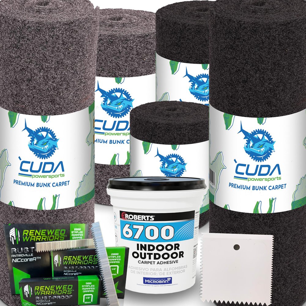 Trailer Hardware Kit-Cuda Boat Trailer Bunk Carpet 9 Inch Wide-PREMIUM30-Black 9" x 100Ft-500 Staples / 1 Quart/Trowel-Carpet for Boat Trailers Bunk Boards Waterproof Premium Kit30