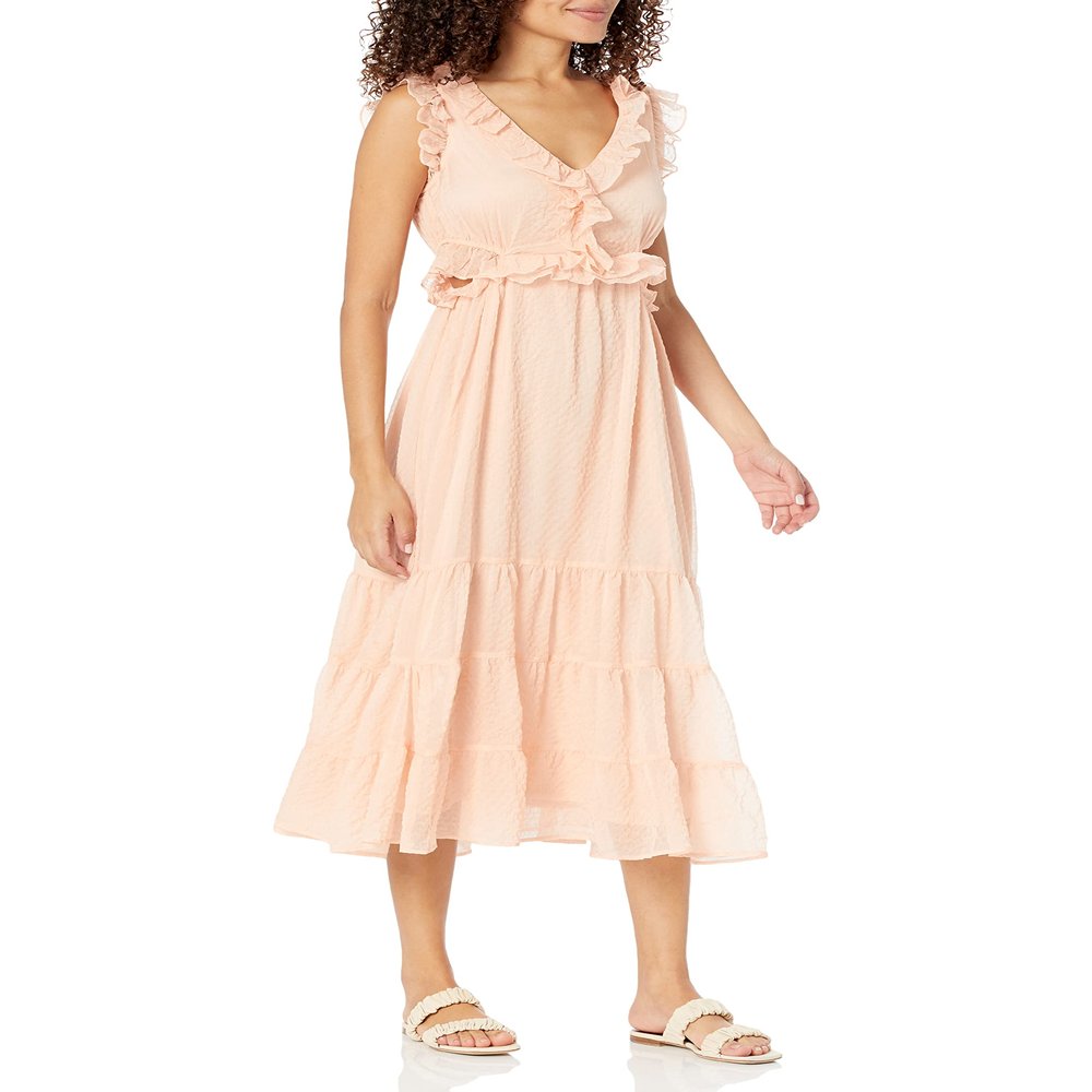 Moon River Women's Ruffle Cutout Shirred Tiered MIDI Dress, Peach, S