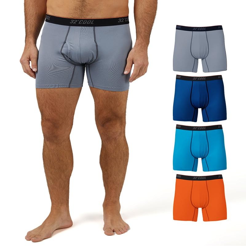 32 Degrees Mens 4 Pack Cool Active Boxer Brief | Anti-Odor | Quick Drying | 4-Way Stretch, Emotion/Neon/Orange/Grey, Medium