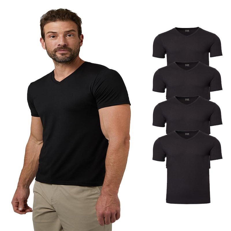32 Degrees Mens 4 Pack Cool V-Neck T-Shirt | Anti-Odor | Quick Drying | 4-Way Stretch, Black, Large