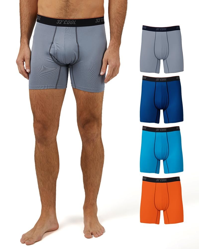 32 Degrees Mens 4 Pack Cool Active Boxer Brief | Anti-Odor | Quick Drying | 4-Way Stretch, Emotion/Neon/Orange/Grey, XX-Large
