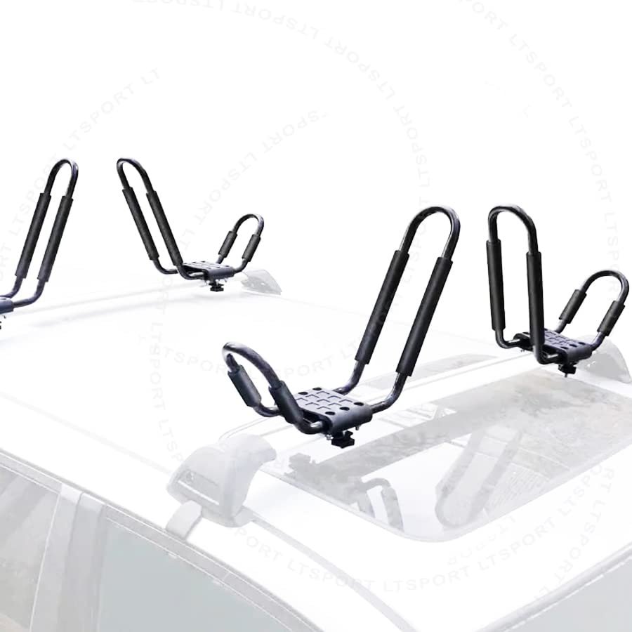 2 Pair Kayak Rack Canoe Carrier Boat Paddle Board Surfboard Roof Top J Bar Mount on Crossbar with 4 pcs Tie Down Straps