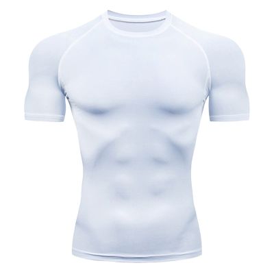 Summer Athletic Tactical Moisture Wicking Compression Tshirt for Men Breathable Gym Fitness Short Sleeves O-Neck Tee Shirt White