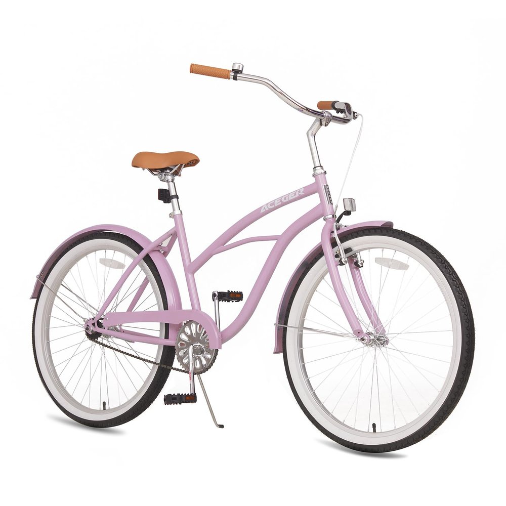 ACEGER 24 26 Inch Women Beach Cruiser Bike, Single Speed and 7 Speed, Adult Hybrid Bike Commuter Bicycle, Hi-Ten Steel Frame with Adjustable Handlebar and Saddle, Multiple Colors