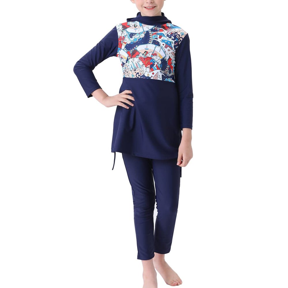 IBTOM Castle Burkni Modest Swimwear for Girls Muslim Swimsuits Long Sleeve Swim Top+Pants +Hijab Bathing Suits Kids Girls Swimming Surfing Rash Guard Outfit Deep Blue 11-12 Years