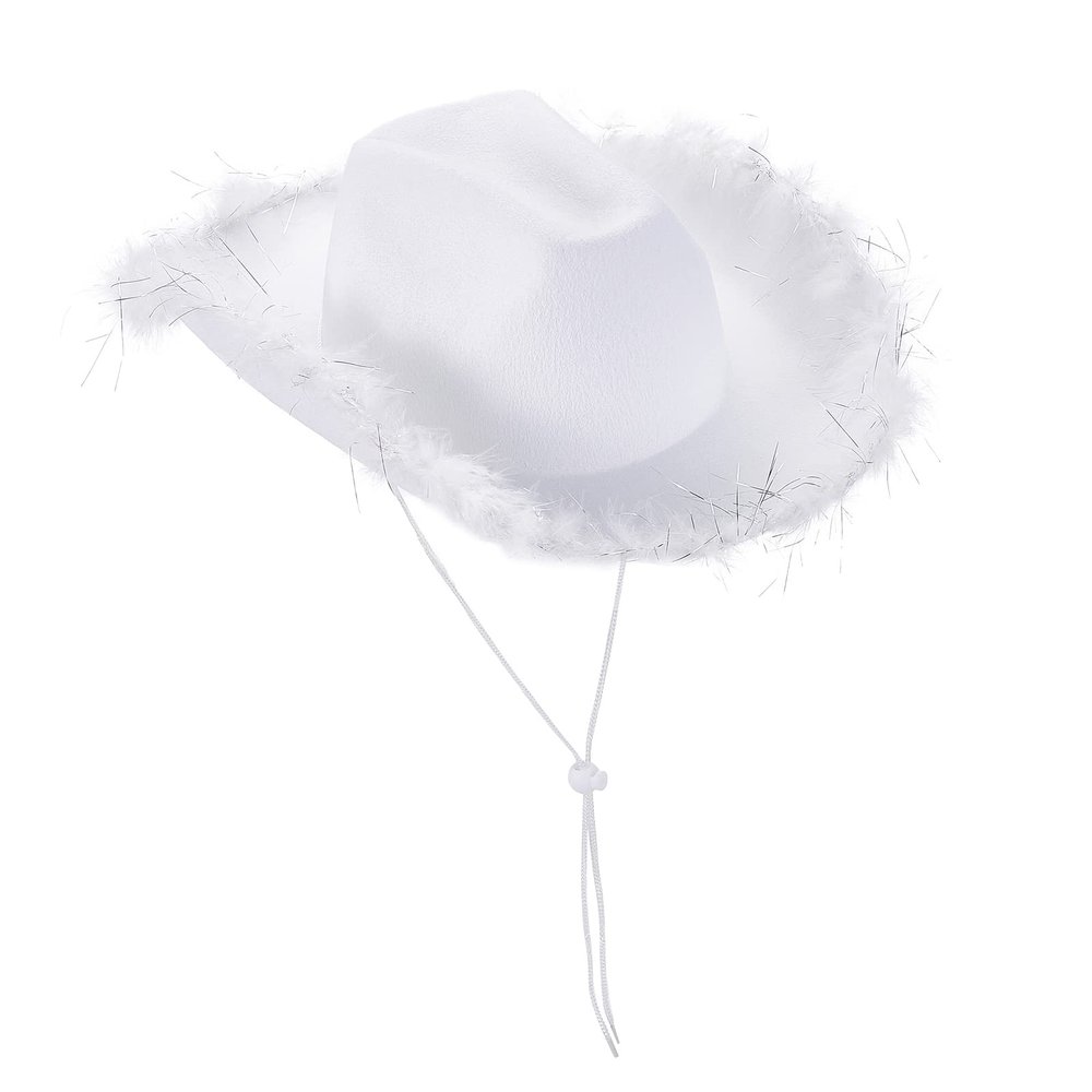 Chloefairy Cowboy Hats for Women,White Pink Cowgirl Hat with Fluffy Feather Trim,Cow Girl Hat Costume Party Play Dress Up (White C)