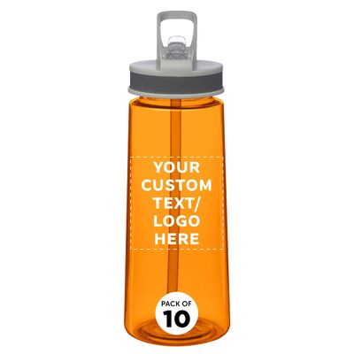 DISCOUNT PROMOS Custom Plastic Sports Bottles with Spill Proof Lids 22 oz. Set of 10, Personalized Bulk Pack - Reusable, With Straw, Perfect for Gym, Outdoor Sports, Home, Office - Orange