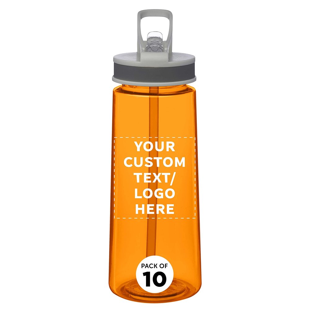 DISCOUNT PROMOS Custom Plastic Sports Bottles with Spill Proof Lids 22 oz. Set of 10, Personalized Bulk Pack - Reusable, With Straw, Perfect for Gym, Outdoor Sports, Home, Office - Orange