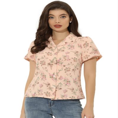 Allegra K Floral Shirt for Women's Notched Lapel 2023 Summer Casual Button Up Tops X-Small Pink