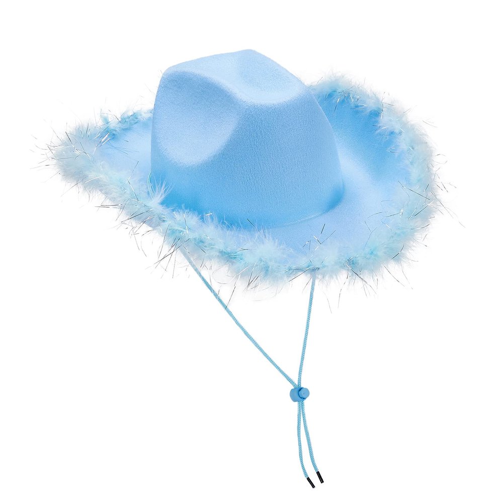 Chloefairy Cowboy Hats for Women,White Pink Cowgirl Hat with Fluffy Feather Trim,Cow Girl Hat Costume Party Play Dress Up (Blue)