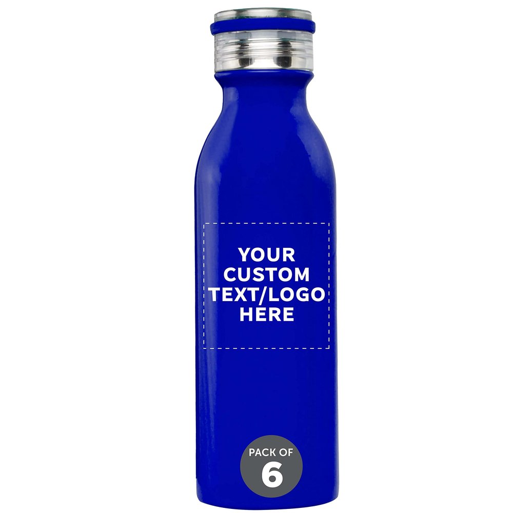DISCOUNT PROMOS Custom Stainless Steel Water Bottles by Echo 20 oz. Set of 6, Personalized Bulk Pack - Double Wall, Perfect for Coffee, Soda, Other Hot & Cold Beverages - Blue