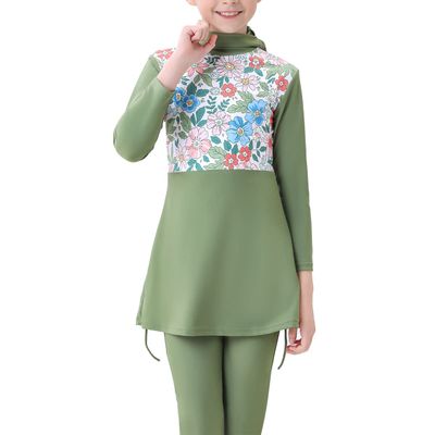 IBTOM CASTLE Burkni Modest Swimwear for Girls Muslim Swimsuits Long Sleeve Swim Top+Pants +Hijab Bathing Suits Kids Girls Swimming Costume Surfing Rash Guard Outfit Sage Green 3-4 T