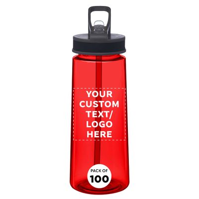 DISCOUNT PROMOS Custom Plastic Sports Bottles with Spill Proof Lids 22 oz. Set of 100, Personalized Bulk Pack - Reusable, With Straw, Perfect for Gym, Outdoor Sports, Home, Office - Red