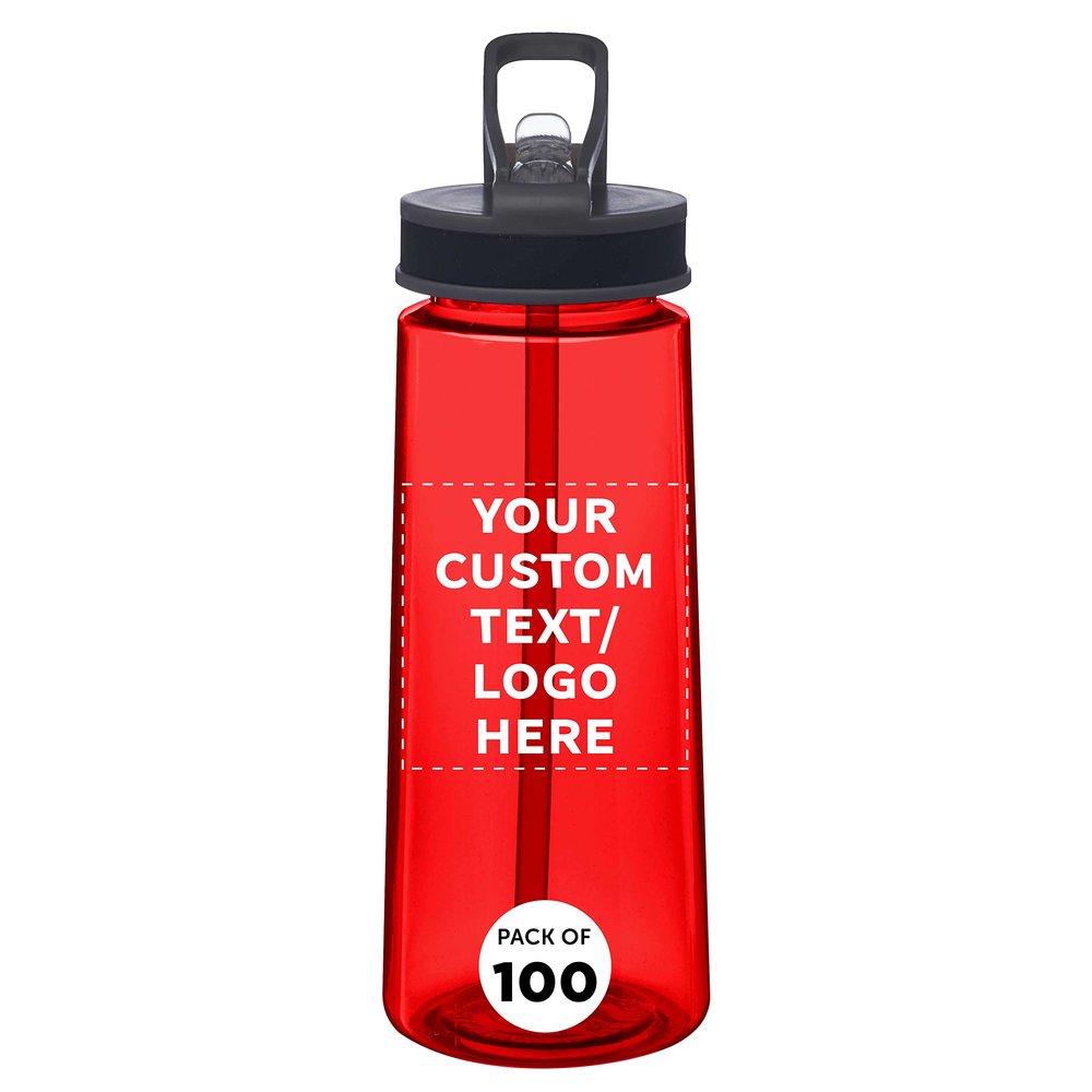 DISCOUNT PROMOS Custom Plastic Sports Bottles with Spill Proof Lids 22 oz. Set of 100, Personalized Bulk Pack - Reusable, With Straw, Perfect for Gym, Outdoor Sports, Home, Office - Red