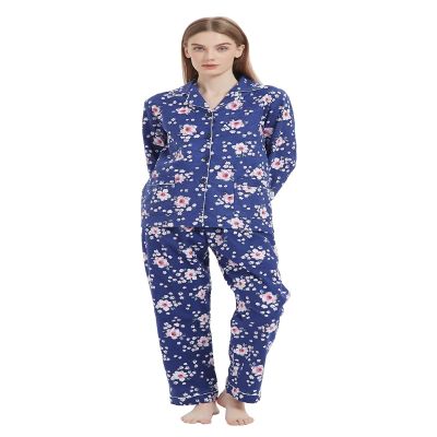 amaxer Women's Warm Pjs Flannel Pajamas Set 100% Cotton Sleepwear Button Pajama,Pink flowers with dark blue background,L