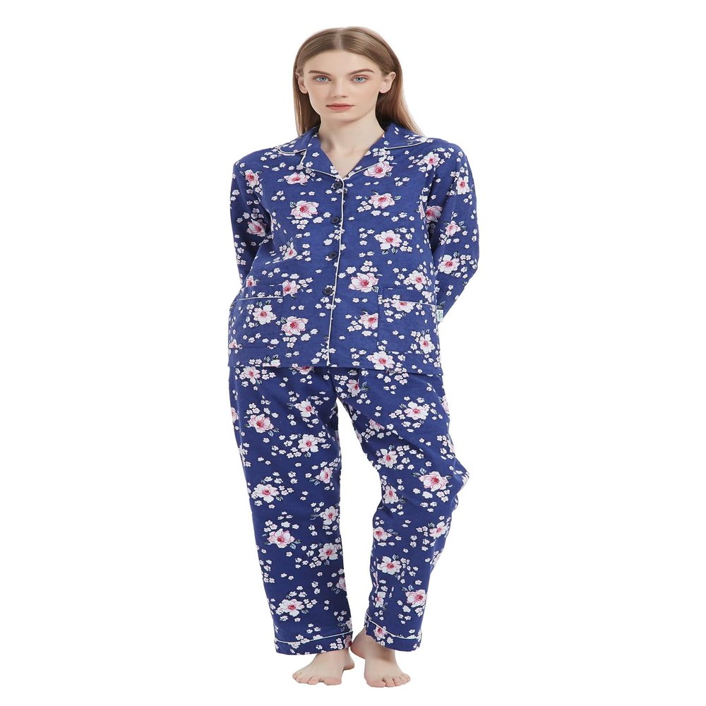 amaxer Women's Warm Pjs Flannel Pajamas Set 100% Cotton Sleepwear Button Pajama,Pink flowers with dark blue background,L