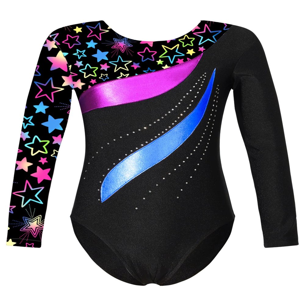 easyforever Girls Gymnastics Leotard Shiny Rhinestone Long Sleeves Colorful Pattern Print Bodysuit Unitard Dancewear Star Black 4 Years