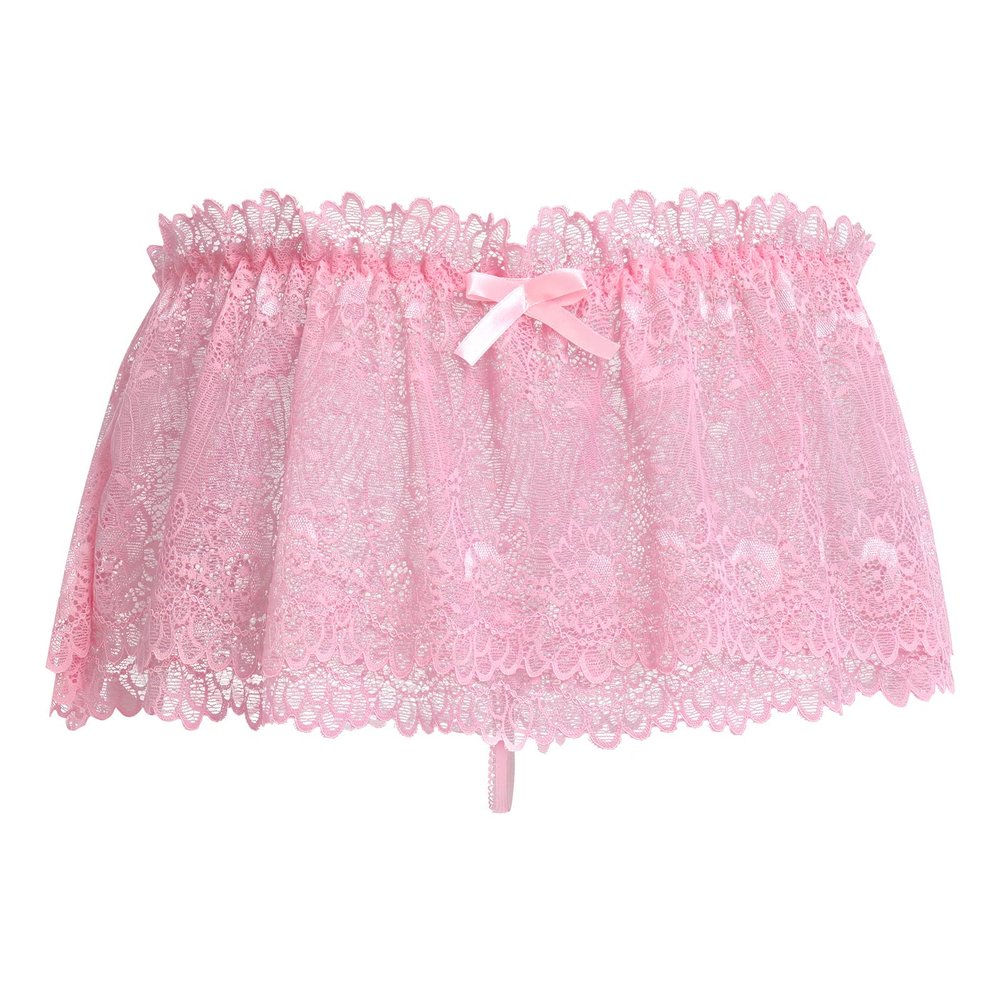 ABAFIP Men's Lace Lingerie Crossdressing Sissy Skirted Panties Low Waist Mesh Sheer G-string Thong Bikini Briefs Underwear Pink XX-Large