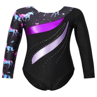 easyforever Girls Gymnastics Leotard Shiny Rhinestone Long Sleeves Colorful Pattern Print Bodysuit Unitard Dancewear Black&Purple 8 Years