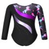 easyforever Girls Gymnastics Leotard Shiny Rhinestone Long Sleeves Colorful Pattern Print Bodysuit Unitard Dancewear Black&Purple 8 Years view 2