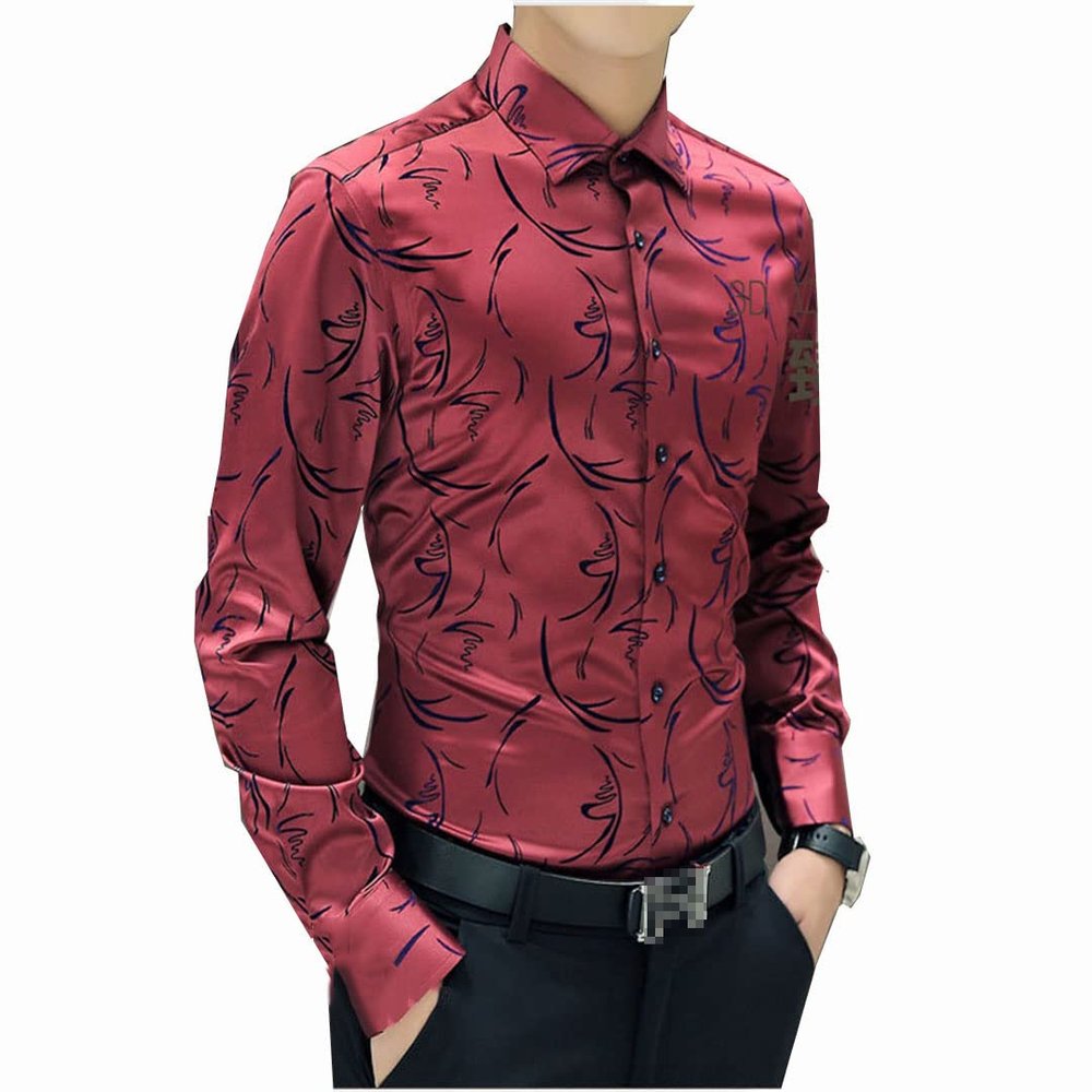 Men's Silk Shirt Long Sleeve Tuxedo Mercerized Cotton Button Slim Fit Casual All-Match Shirt Red with Floral 4XL 86.5-92.5 KG