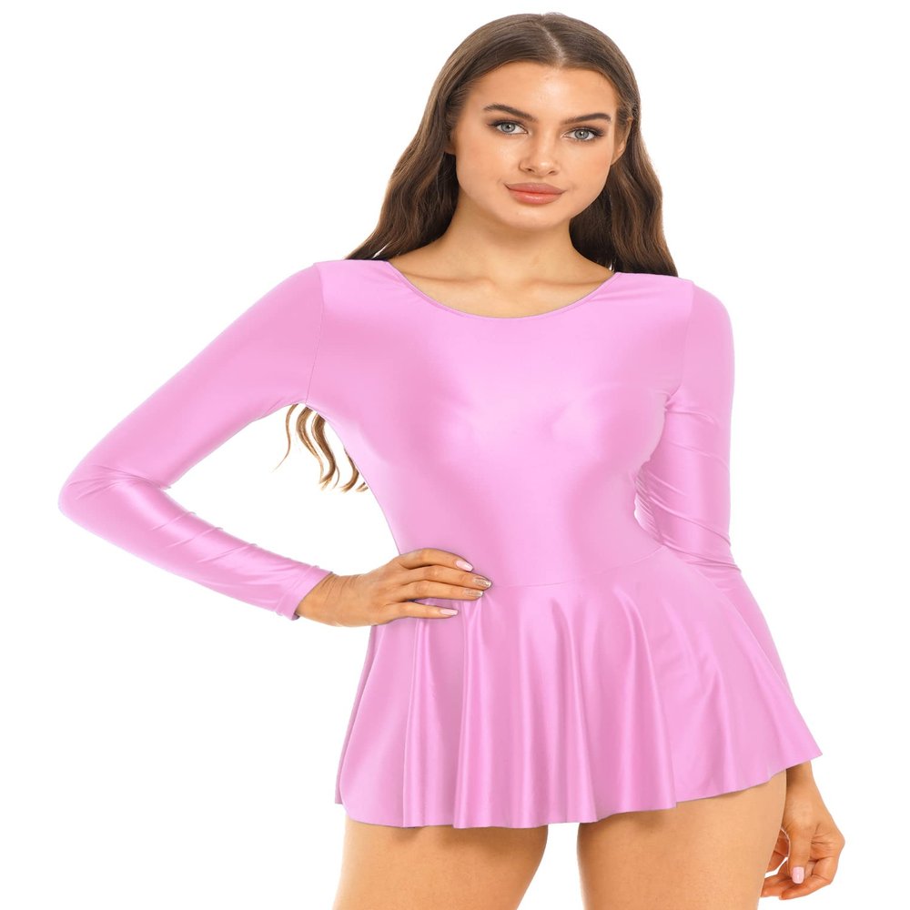 Hularka Women's Glossy Long Sleeve Ruffled Mini Dress One Piece Workout Dance Leotard Dresses Pink Small