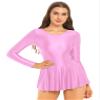 Hularka Women's Glossy Long Sleeve Ruffled Mini Dress One Piece Workout Dance Leotard Dresses Pink Small view 1