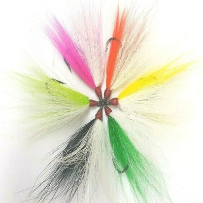 5 Dressed Bucktail Teaser Flies Ultra Point Hooks Bass Fluke Cod Plugs Rig red/White 2/0