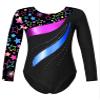 easyforever Girls Gymnastics Leotard Shiny Rhinestone Long Sleeves Colorful Pattern Print Bodysuit Unitard Dancewear Star Black 8 Years view 1