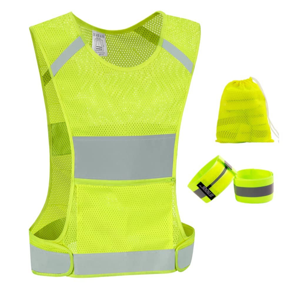 IDOU Reflective Vest Safety Running Gear with Pocket, Ultralight &Adjustable Waist&360High Visibility for Running,Jogging,Biking,Motorcycle,Walking,Women & Men(+2bands+1bag)/XL