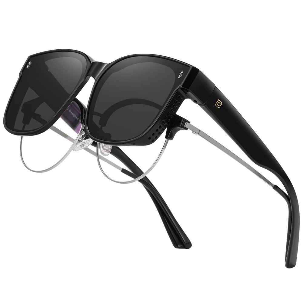 DUCO Fit Over Sunglasses for Men Women Wear Over Glasses Retro Wrap Around Polarized Sun Glasses UV400 Protection (B-Black Frame Grey Lens)