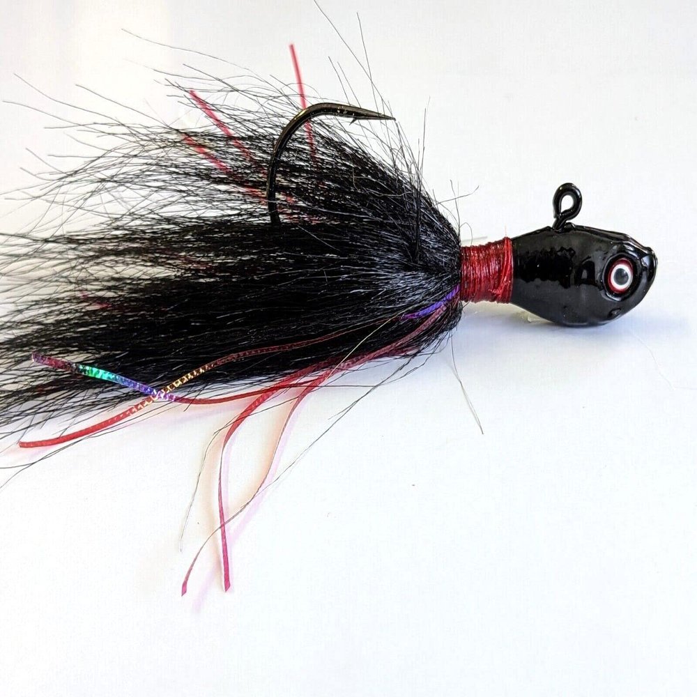 5 Ultra Minnow Bucktail Jig Head Fluke Bass Walleye Teaser Lure -Black w/Flash 3/4 oz