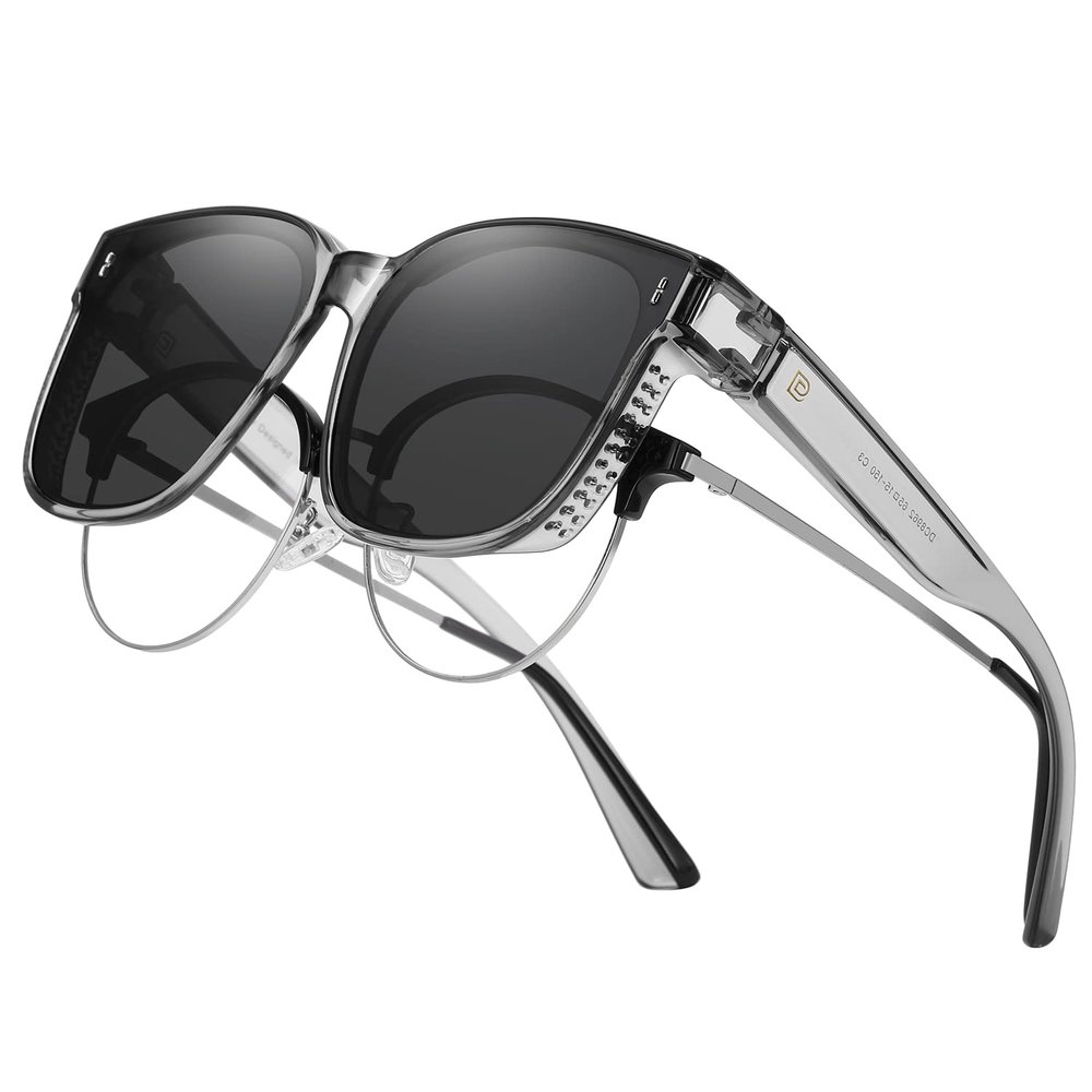 DUCO Fit Over Sunglasses for Men Women Wear Over Glasses Retro Wrap Around Polarized Sun Glasses UV400 Protection (B-Transparent Frame Grey Lens)