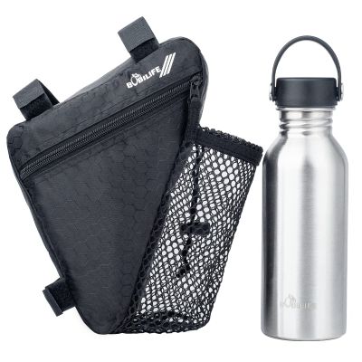 Bike Frame Bag with Water Bottle - Bicycle Cycling Triangle Top Tube Pouch Saddle Bag with Bottle Holder and a Stainless Steel Water Bottle for Road and Mountain Bikes (Black w/Water Bottle)