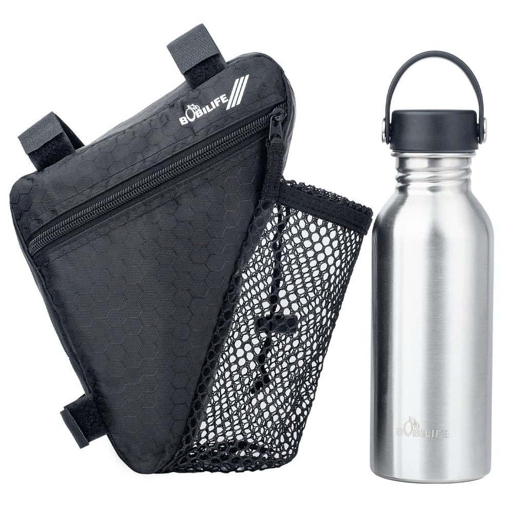 Bike Frame Bag with Water Bottle - Bicycle Cycling Triangle Top Tube Pouch Saddle Bag with Bottle Holder and a Stainless Steel Water Bottle for Road and Mountain Bikes (Black w/Water Bottle)