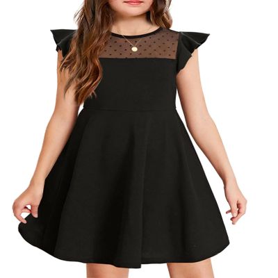 Arshiner Girls Dress Summer Ruffle Sleeve Mesh A Line Casual Party Dresses with Pockets 8-9 Years Black